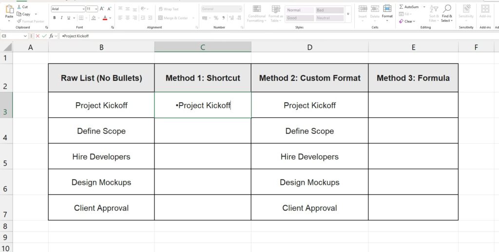 Using the Alt + 7 keyboard shortcut to manually insert a bullet point in Excel. Guide on how to add bullet points in Excel using shortcuts and formulas