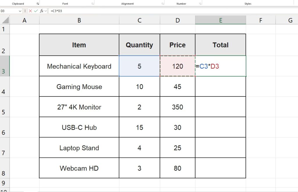 Example of a basic Excel multiplication formula using the asterisk symbol.