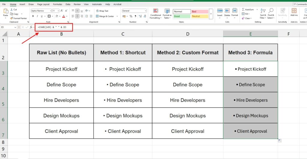 Excel formula using CHAR function to add bullet points to a text list.
