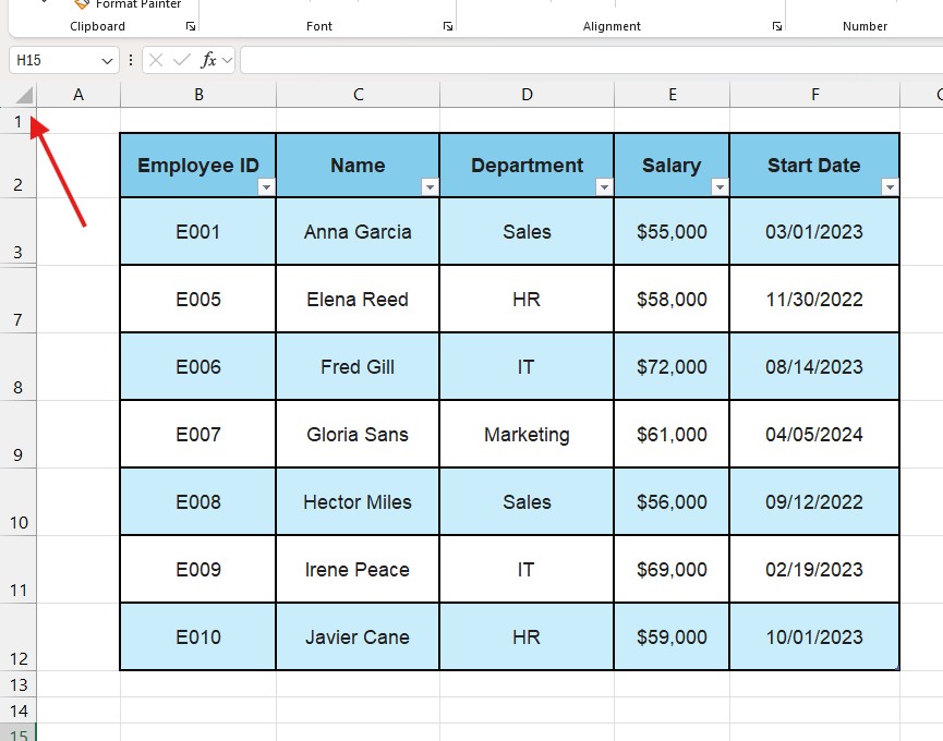 Location of the Select All triangle button in the top-left corner of the Excel sheet showing A1.