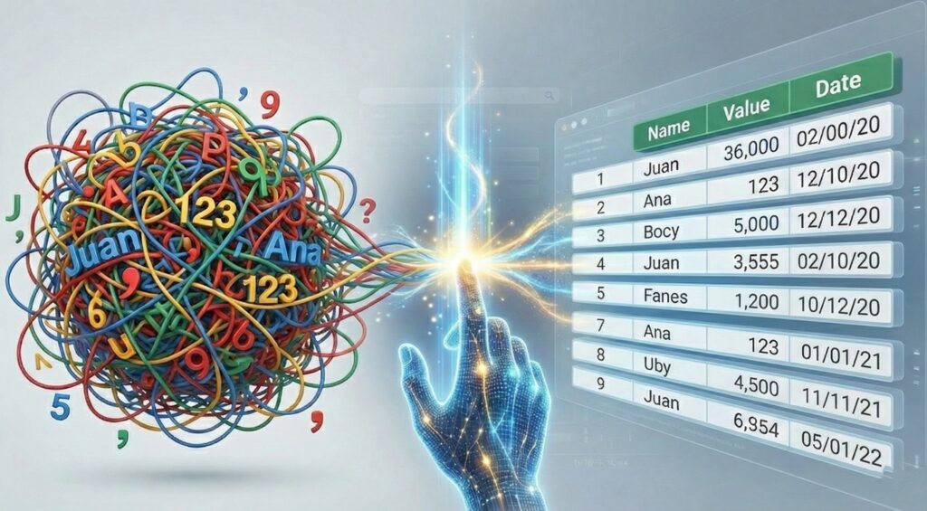 Conceptual illustration showing messy jumbled data being split into organized separate columns in Excel