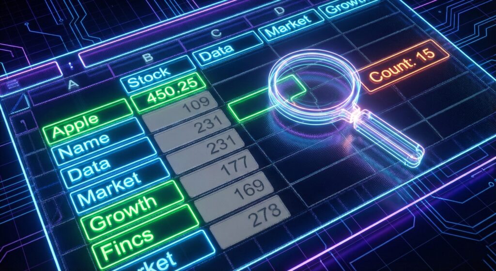Conceptual illustration showing Excel spreadsheet cells with text being counted and highlighted