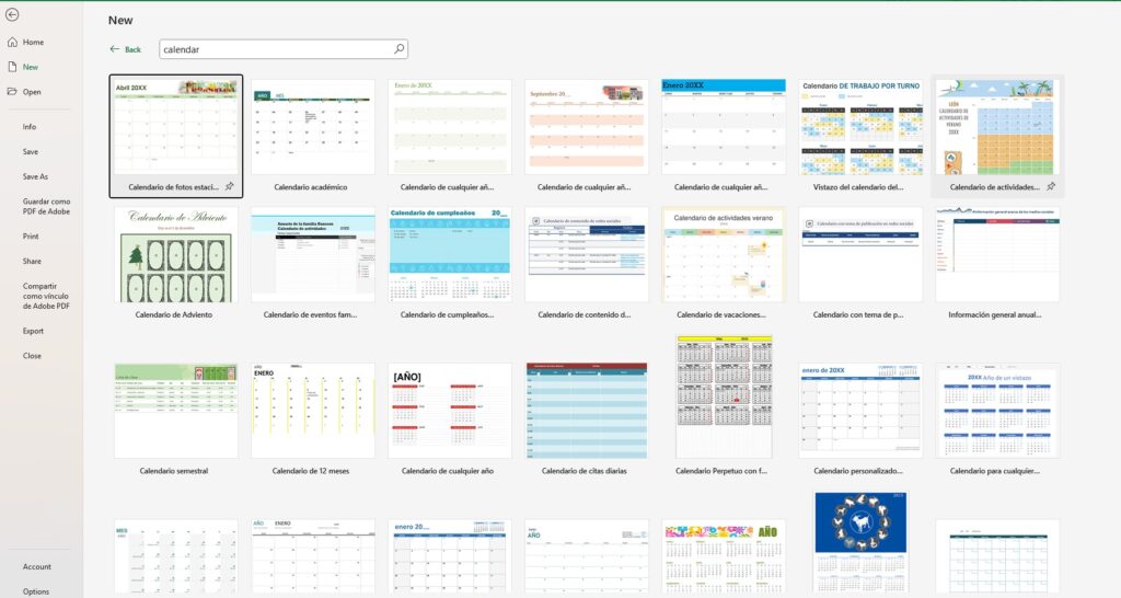 Searching for free calendar templates in Microsoft Excel File New menu