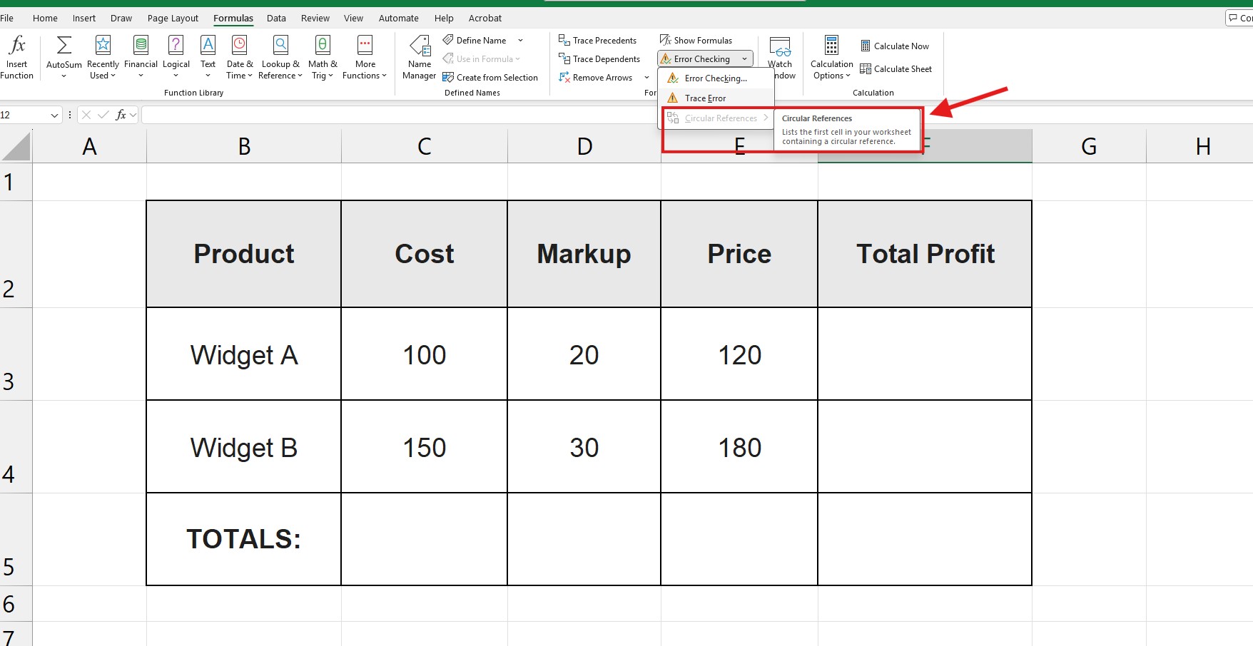 Excel Formulas ribbon menu showing the Error Checking and Circular References option
