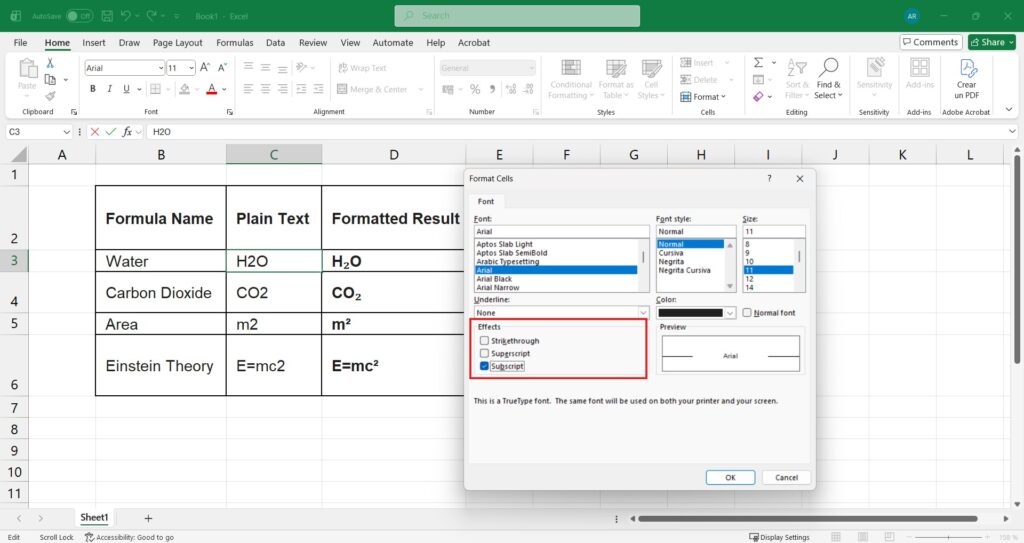 Format Cells dialog box in Excel with Subscript option selected. Subscript and Superscript in Excel