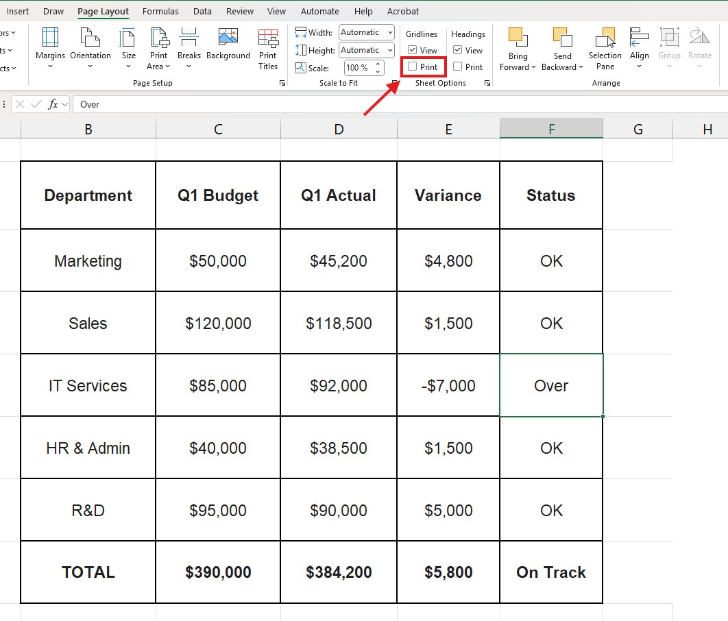 Excel Page Layout settings to control if gridlines appear on printed documents or PDF.
