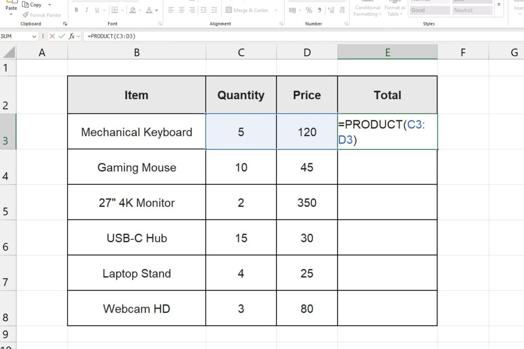 Using the PRODUCT function in Excel to multiply a range of cells.