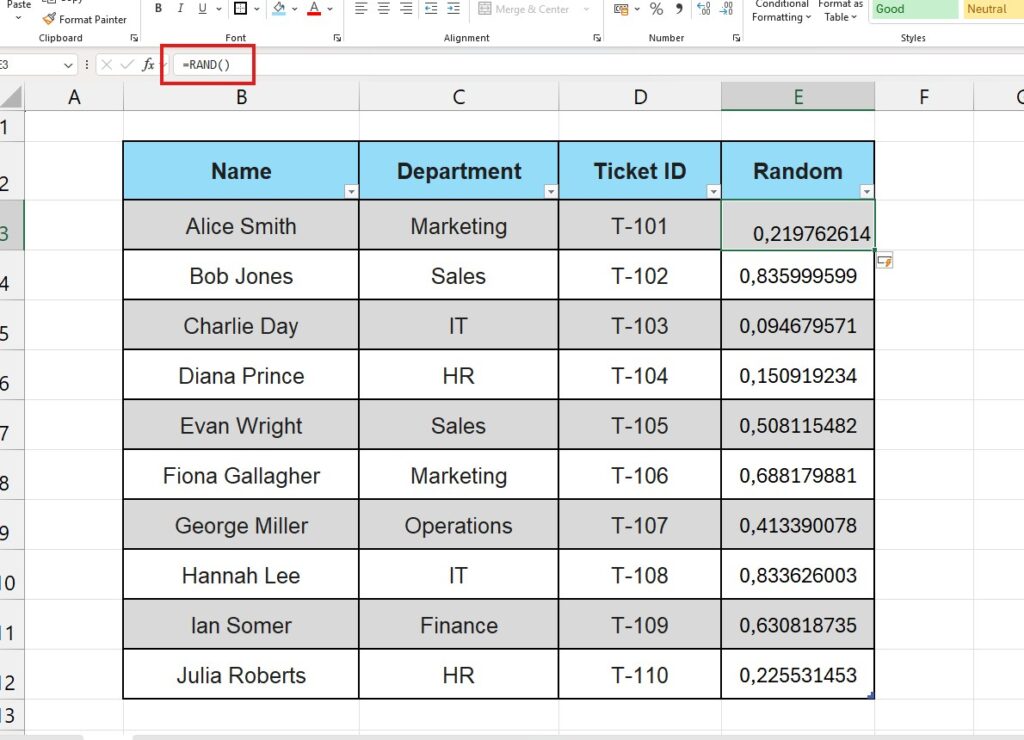 Using the Excel RAND function in a helper column to generate random numbers for sorting. Randomize a list in excel.