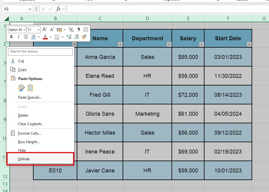 Right-click menu in Excel on hidden row headers showing the Unhide option