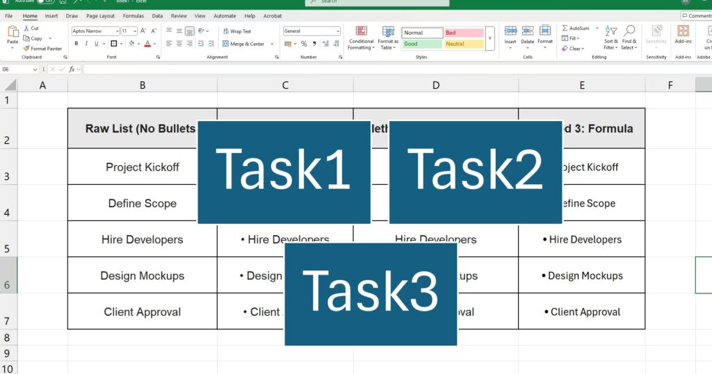 Creating a visual bullet point list using SmartArt tools in Excel.