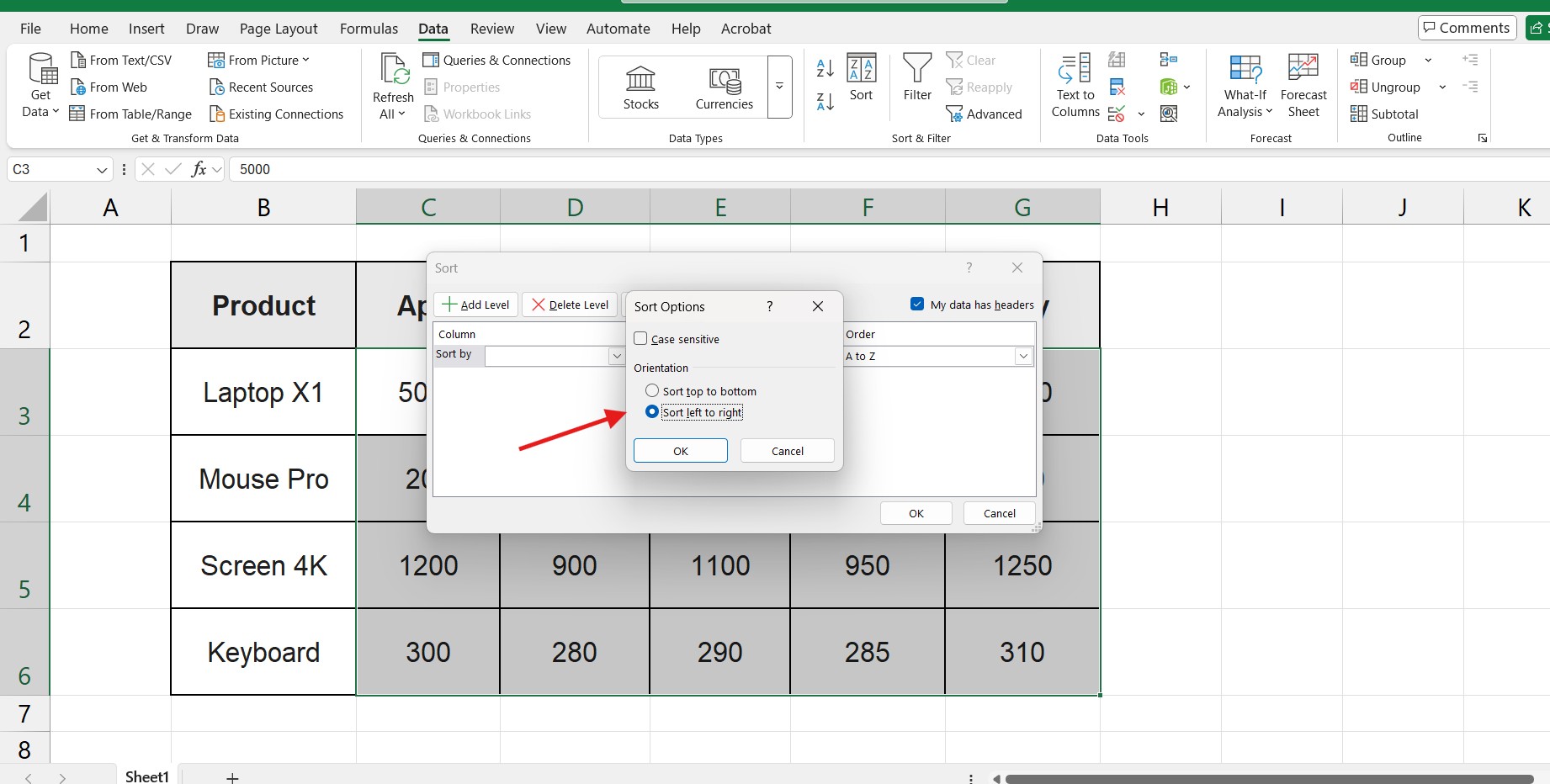 Excel Sort Options dialog box showing Sort left to right selected instead of top to bottom.