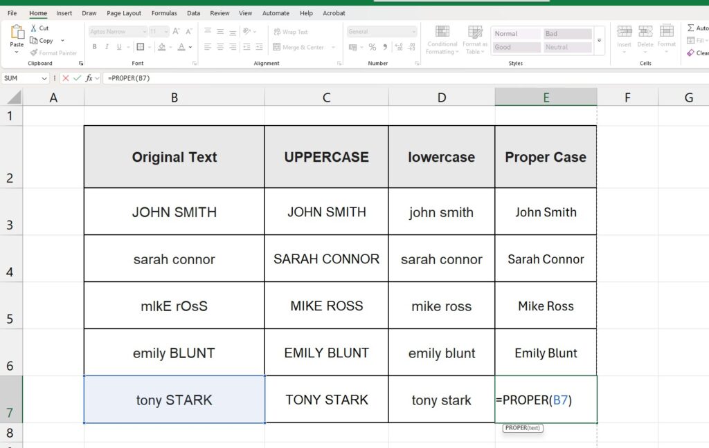 Excel formulas UPPER LOWER and PROPER converting messy text. Change Text Case in Excel