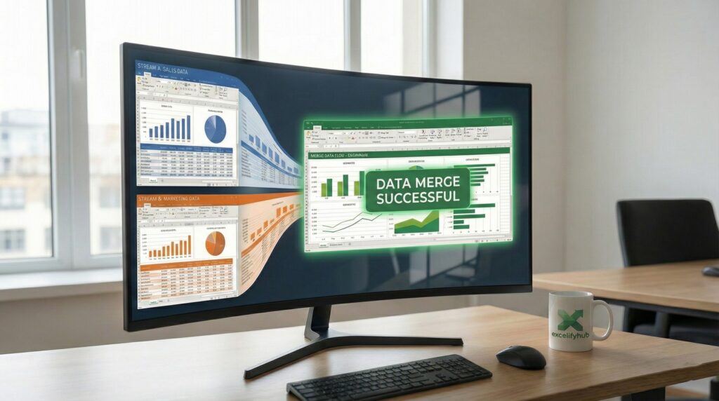 3D illustration showing two data columns merging into one representing Excel text combination