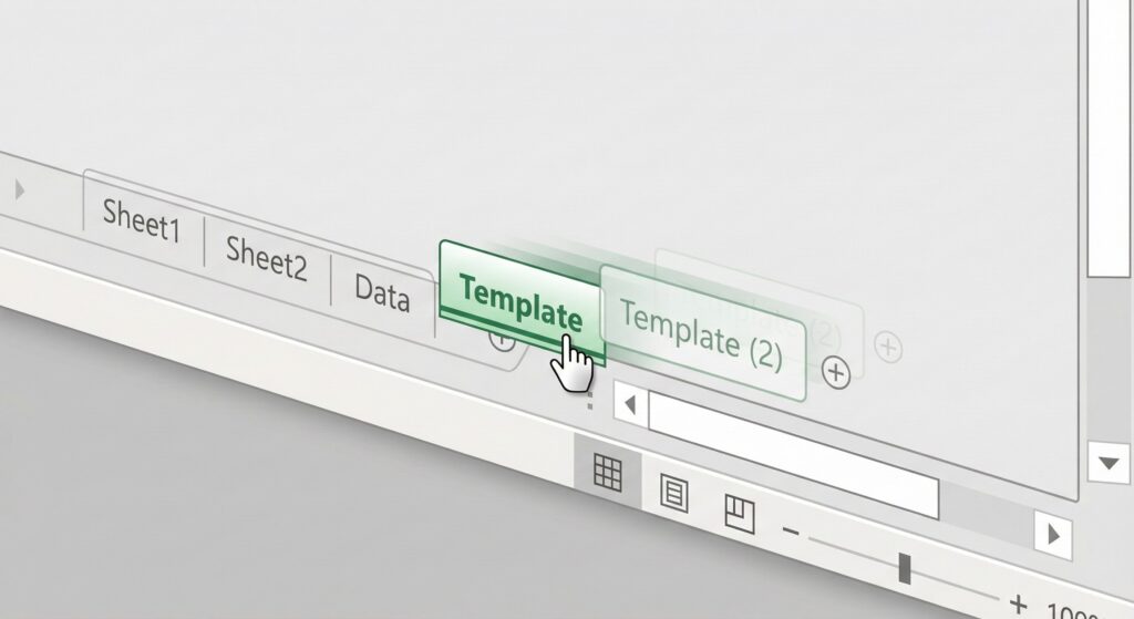 Illustration of duplicating an Excel spreadsheet tab using the drag-and-drop method.