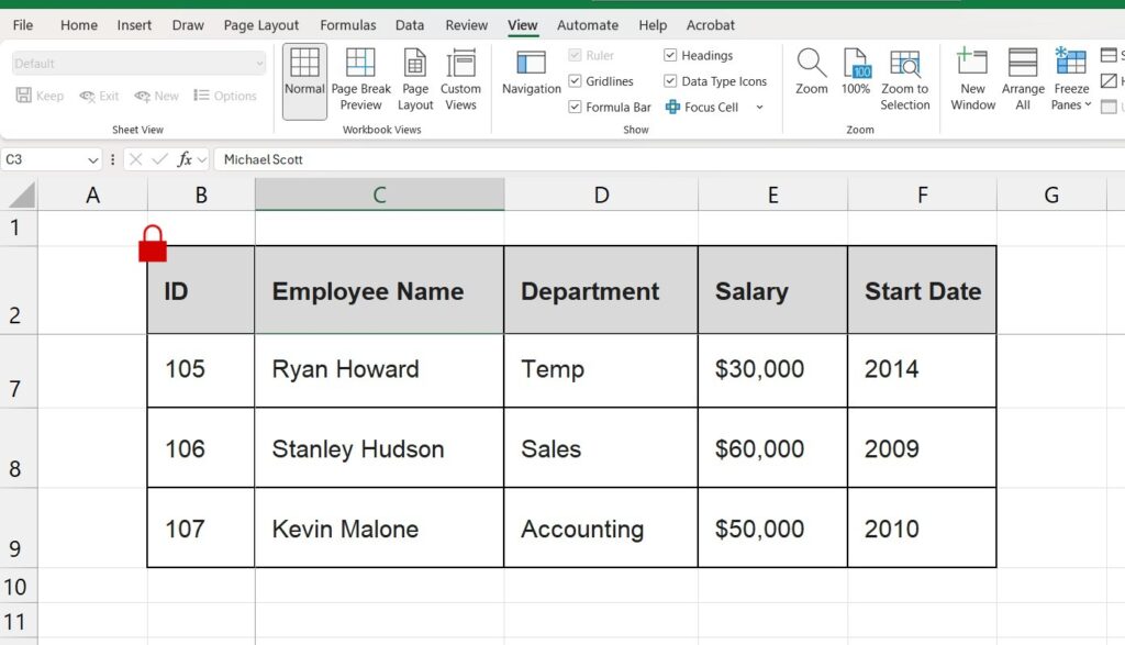 Excel spreadsheet with the top row header frozen and locked