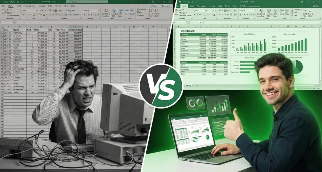 Comparison of Excel sheet with gridlines vs clean dashboard without gridlines.