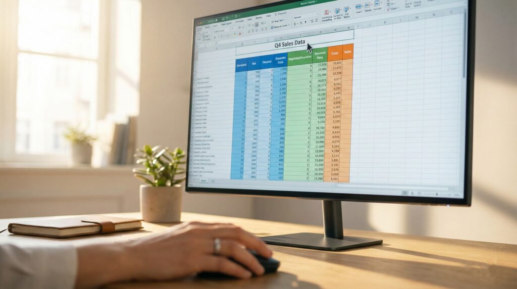 Workspace with a computer screen showing how to sort columns in Excel left to right.