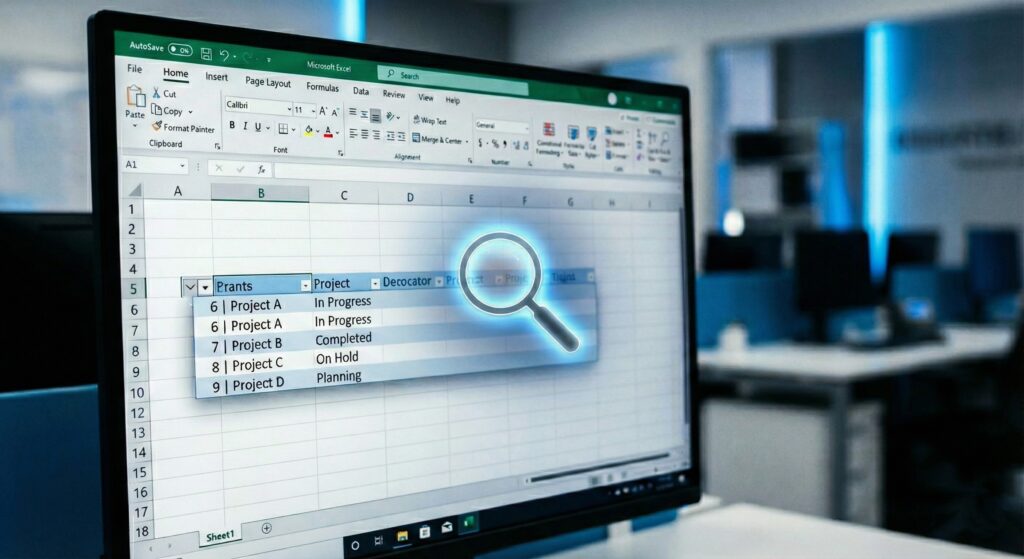 Computer screen showing Excel spreadsheet with hidden rows being revealed by a glowing cursor.