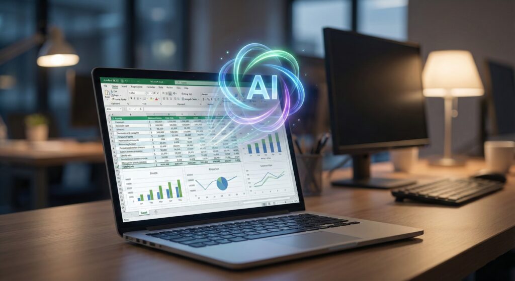 Microsoft Copilot AI icon interacting with an Excel spreadsheet on a laptop.