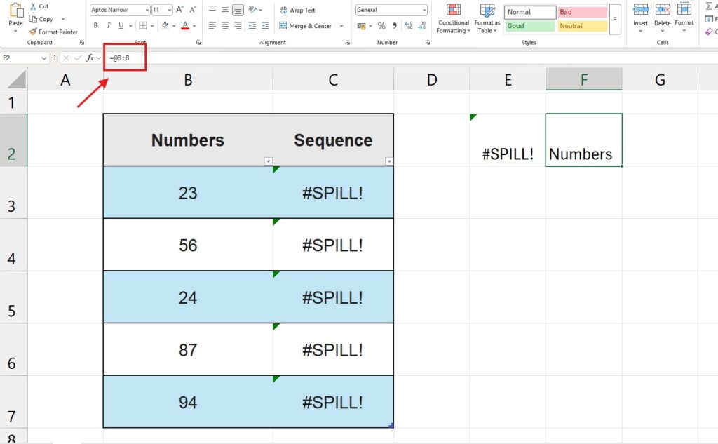 Using the implicit intersection operator @ to prevent spill errors in Excel formulas.