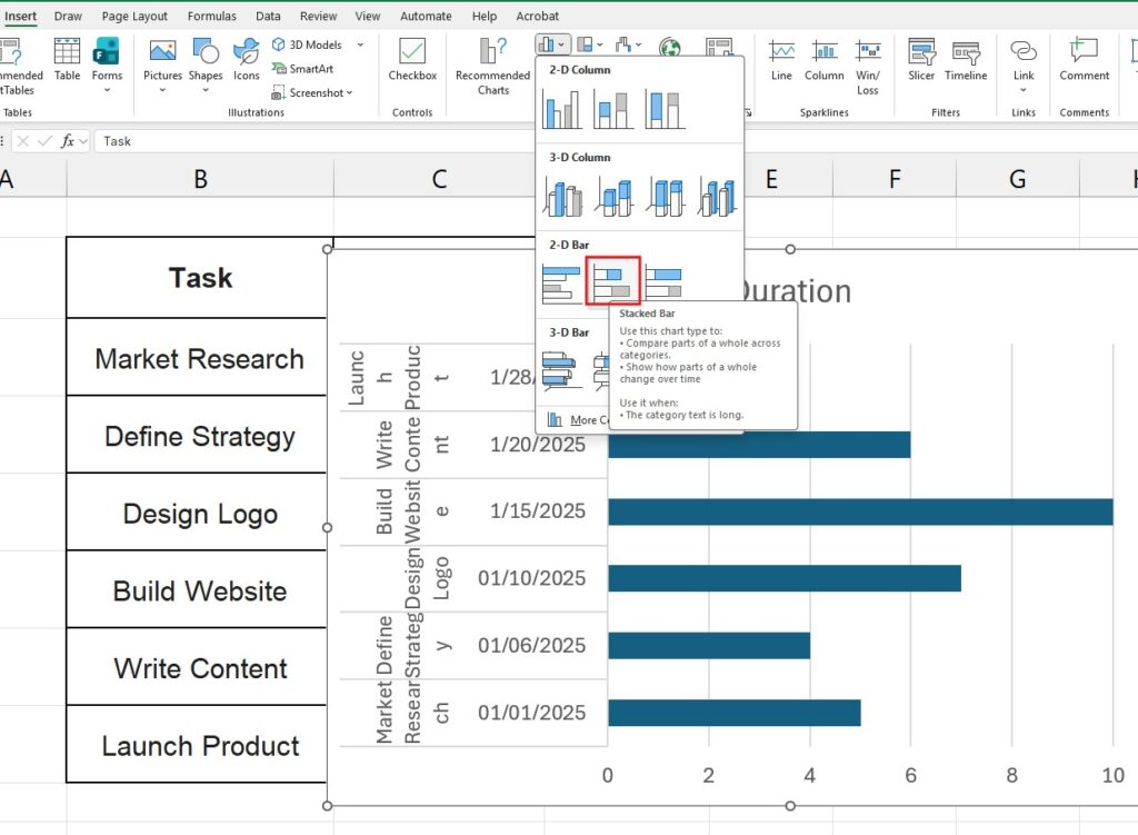 Selecting Stacked Bar chart option in Excel Insert menu
