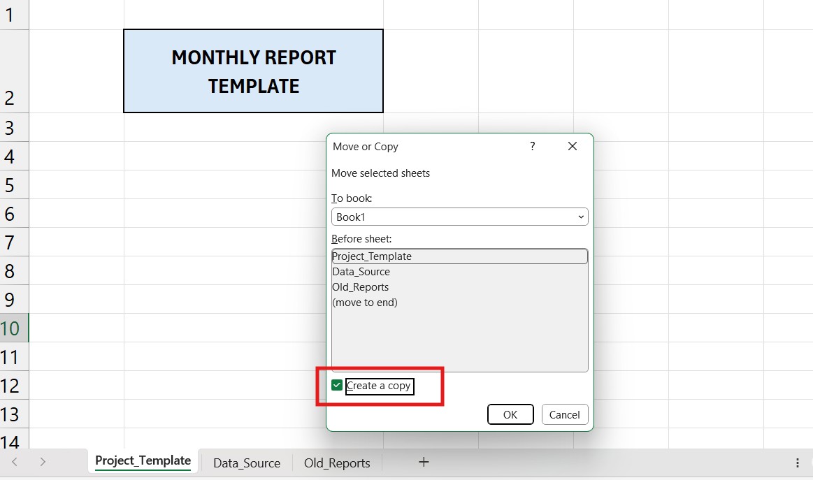 The 'Move or Copy' dialog box in Excel with the 'Create a copy' checkbox selected. Illustration showing how to make a copy of an excel sheet