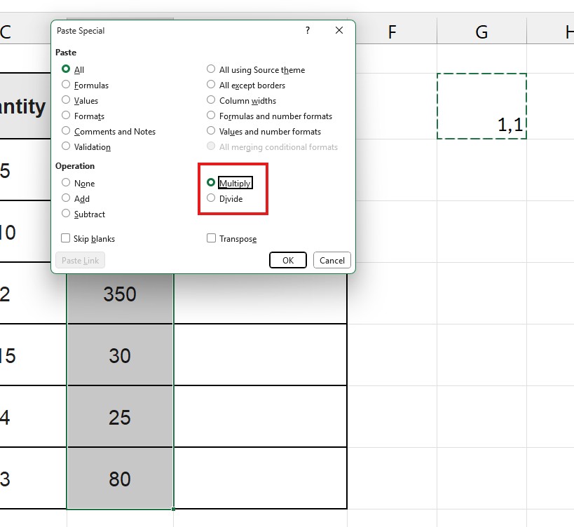The Paste Special dialog box in Excel showing the Multiply operation to update values.