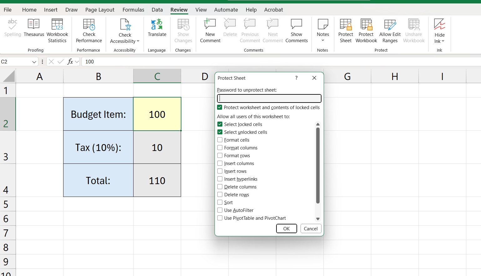The Review tab in Excel showing the Protect Sheet button and the password dialog box. Visual guide on how to lock cells in excel protecting formulas