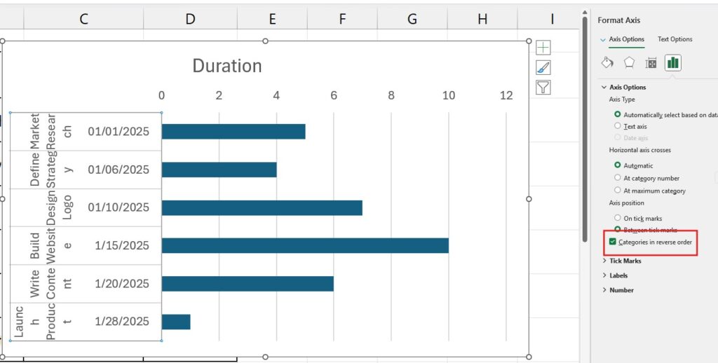 Categories in reverse order setting in Excel format axis options