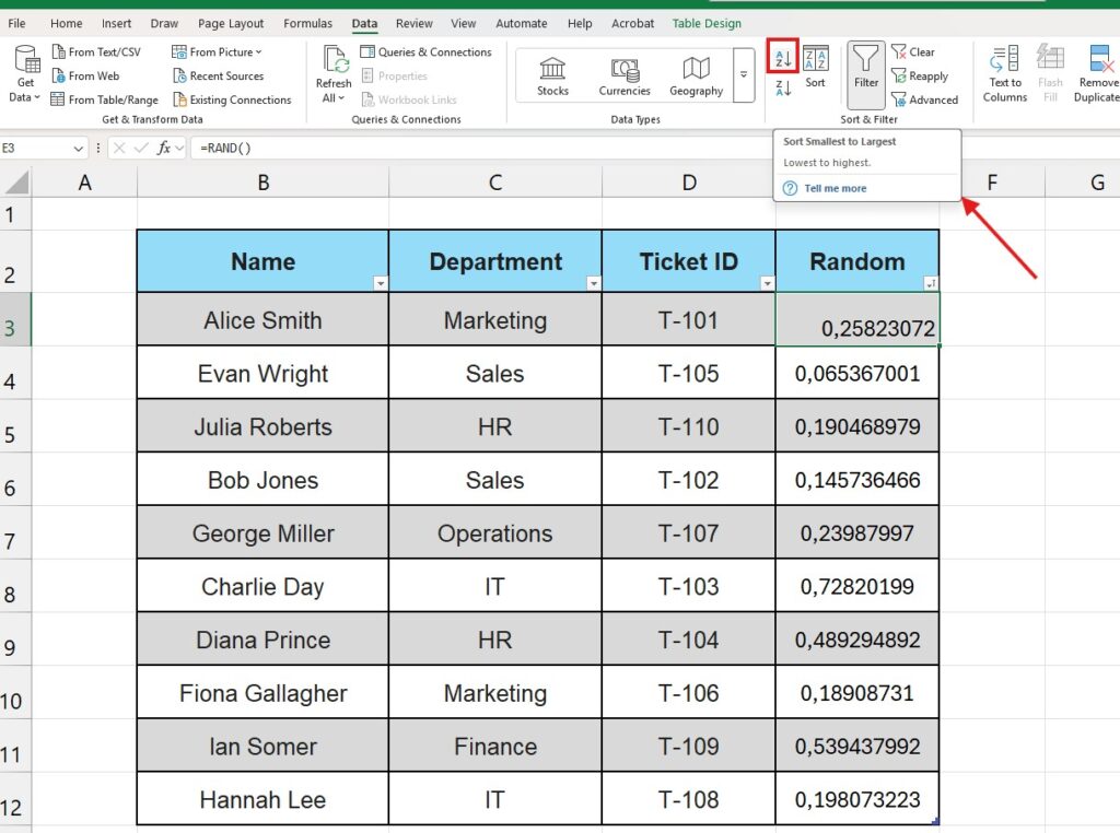 Clicking the Sort button in Excel Data tab to randomize the list order.