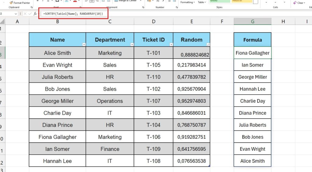 Using SORTBY and RANDARRAY dynamic formula to shuffle a list automatically in Excel.