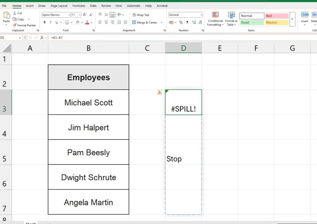 Excel spill error example showing a dashed border blocked by existing data in the spill range.