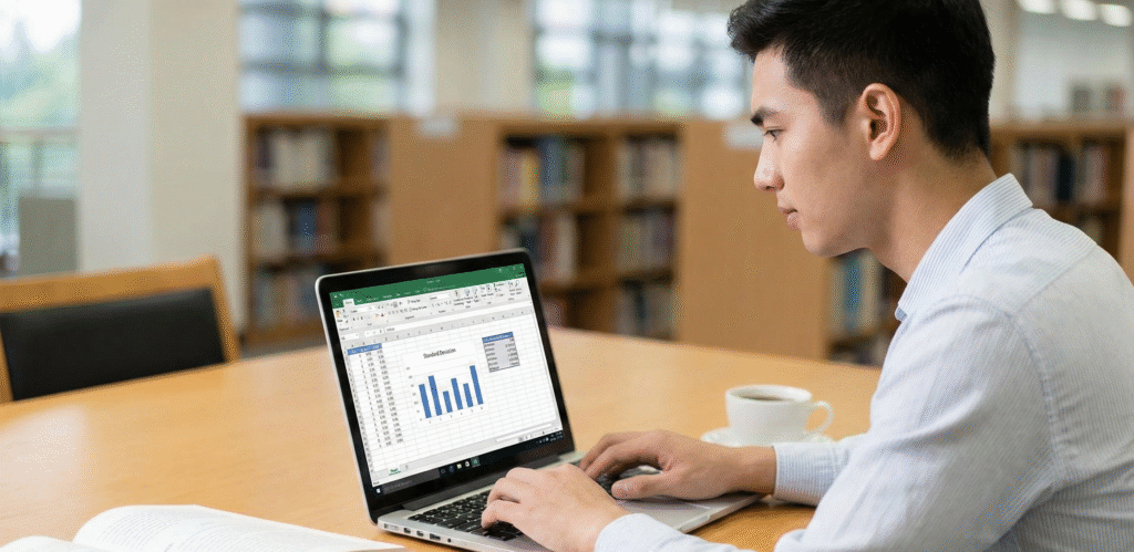 University student analyze data and calculating standard deviation in Excel on a laptop